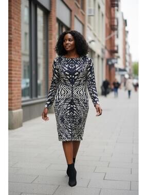 Black and White Long Sleeve Patterned Dress